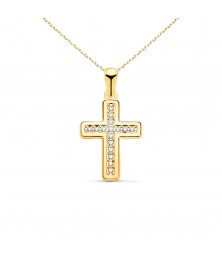 Collier - Médaille Croix Or 18 Carats 750/000 Jaune et Zirconiums - Chaine Dorée