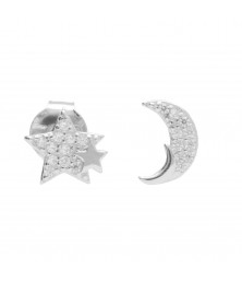 Boucles d'Oreilles Argent 925/000 Rhodié - Etoile et Lune Pavées de Zirconiums