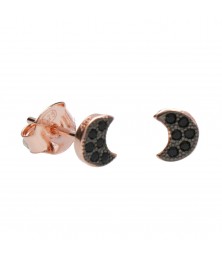Boucles d'Oreilles Argent 925/000 Rose Gold - Croissant de Lune Pavé de Zirconiums Noirs