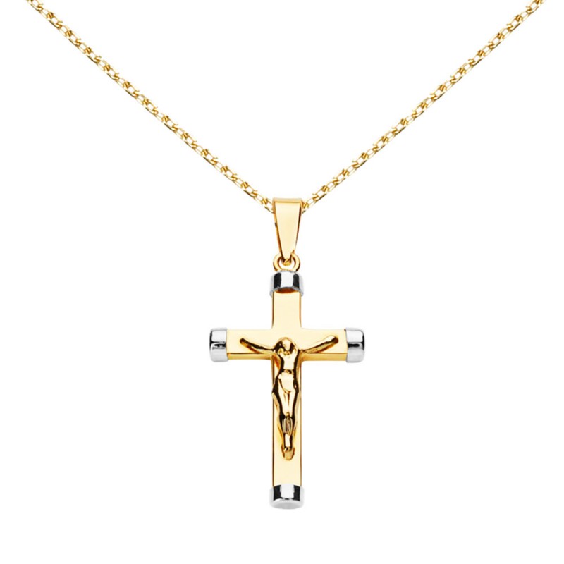 Collier - Médaille Christ sur la Croix Or Bicolore - Chaine Dorée