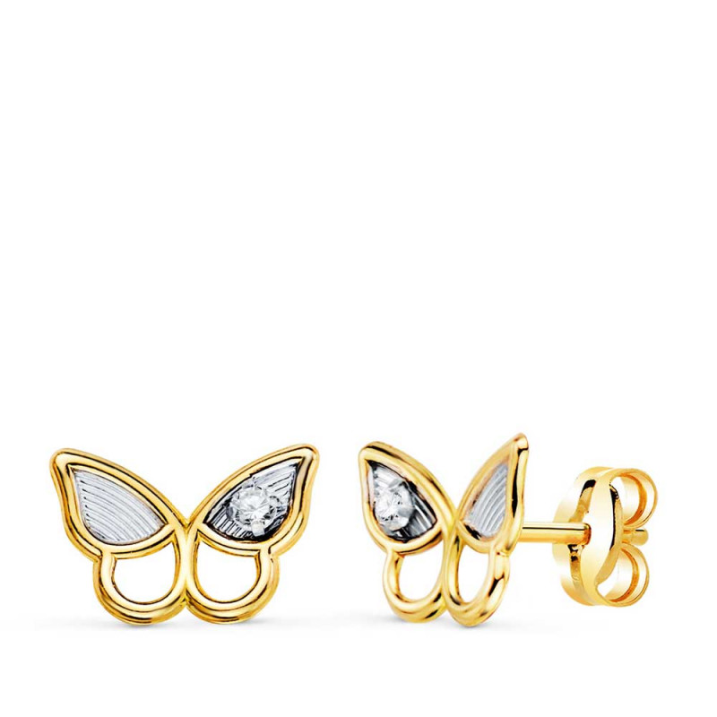 Boucles d'Oreilles Or 18 Carats 750 Bicolore Jaune et Blanc - Zirconium - Motif Papillon Boucles d'Oreilles Or 18 Carats 750 Bicolore Jaune et Blanc - Zirconium - Motif Papillon