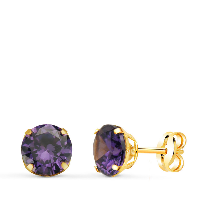 Boucles d'Oreilles Or 18 Carats 750 Jaune - Zirconiums Améthyste Boucles d'Oreilles Or 18 Carats 750 Jaune - Zirconiums Améthyste