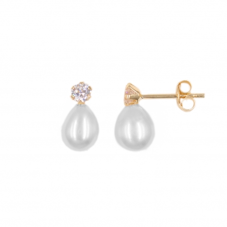 Boucles d'Oreilles Perles de Culture - Or Jaune Véritable - Serties d'un zirconium - Femme