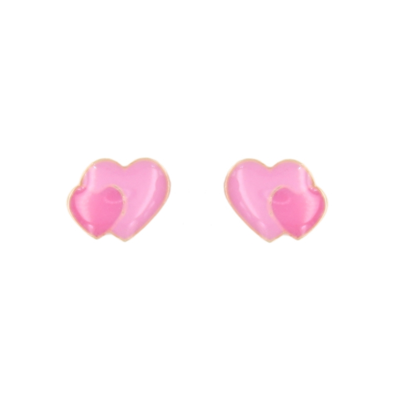 Boucles d'Oreilles Coeurs Laqués Rose - Or Jaune - Femme ou Enfant