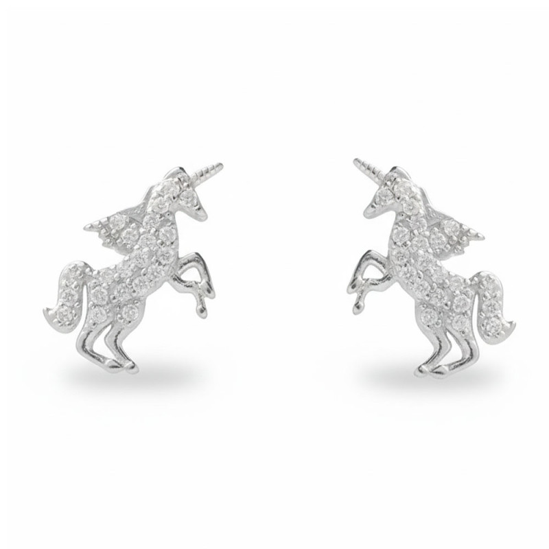 Boucles d'Oreilles Argent 925/000 Rhodié - Licorne Pavée de Zirconiums