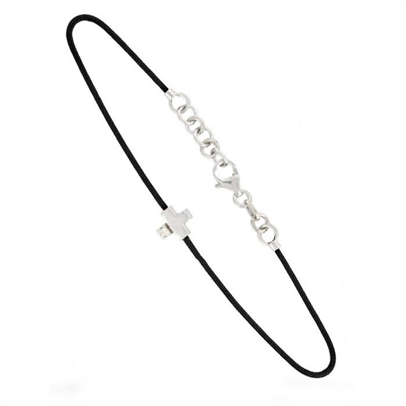 Bracelet Argent et Diamant - Motif Croix - Cordon Noir