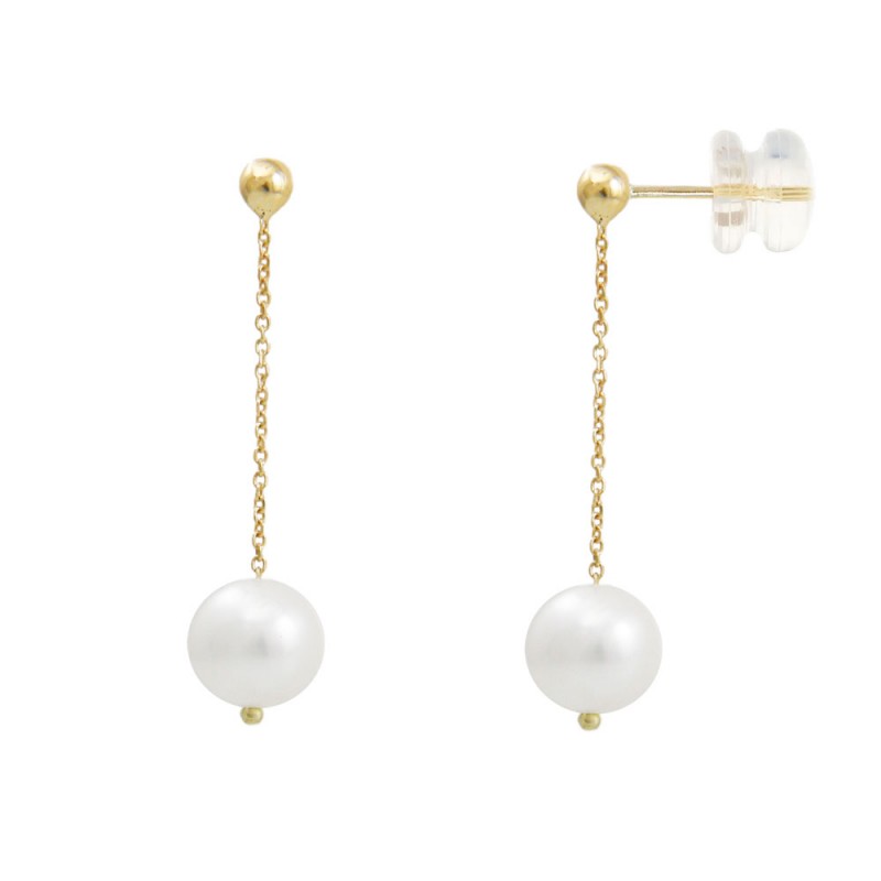 Boucles d'Oreilles Or Jaune Pendantes Perles de Culture 0.60cm - Femme