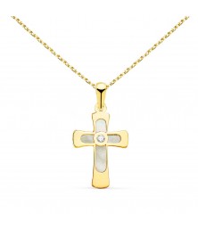Collier - Médaille Croix Or 18 Carats 750/000 Jaune et Nacre - Chaine Dorée